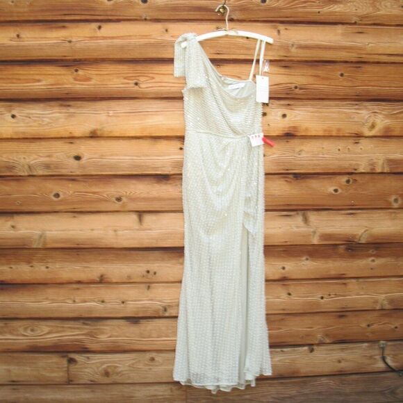 Mac Duggal 93735 Womens Green PEARL EMBELLISHED SOFT TIE ONE SHOULDER GOWN - Picture 6 of 16